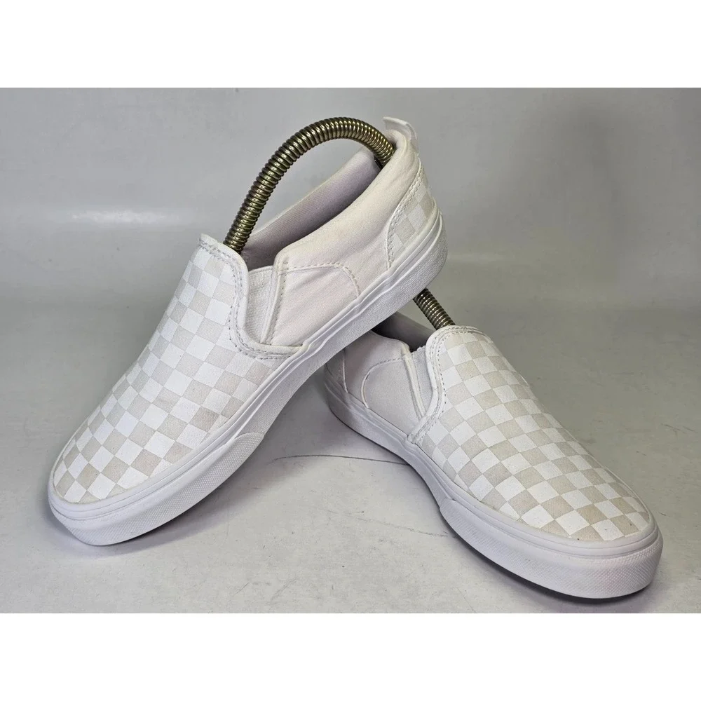 VANS Checkerboard Youth Sneakers Size 4 White Cream Low Top Slip On Shoes 500714